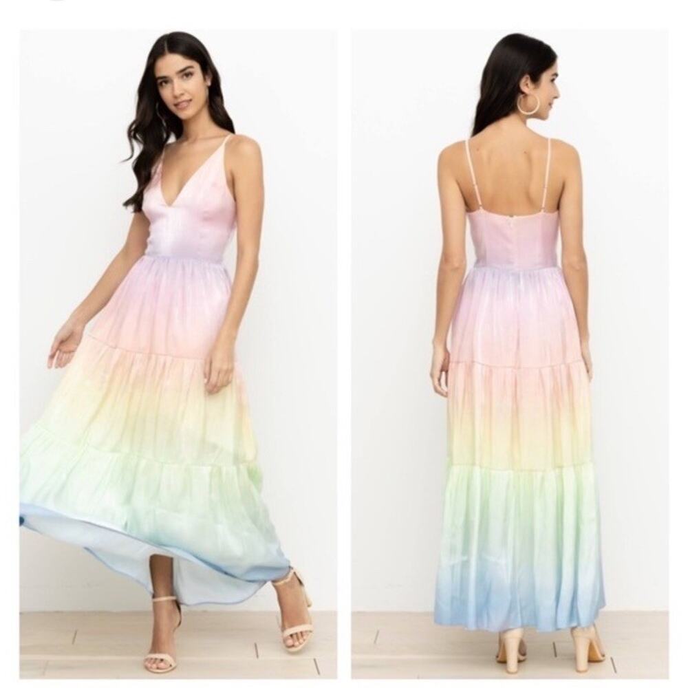 YUMI KIM Sullivan Tiered Maxi Dress Rainbow Ombré Dreamy Shiny Satin Sz XS